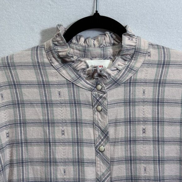 XIRENA Plaid Jensen Flannel  Top Size L Oversized Boxy Pearl Snap Ruffle Neck - Picture 4 of 13